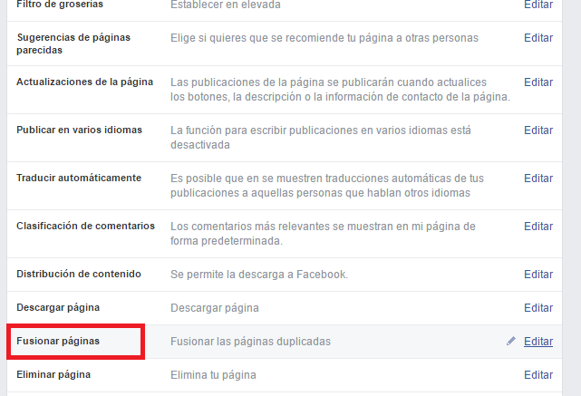 Fusionar páginas desde mi Facebook