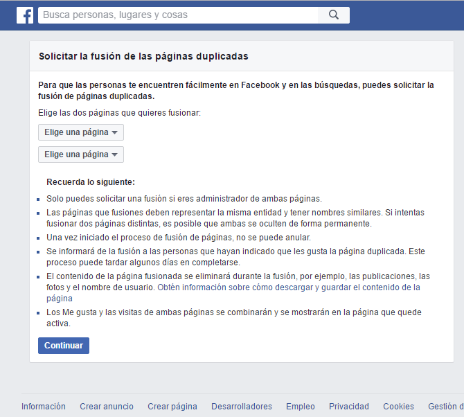 Fusionar páginas de Facebook