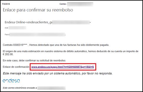 Falsos correos de Endesa Fuente: INCIBE