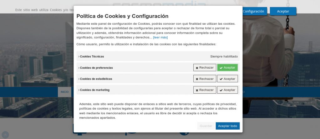 Panel de configuración de cookies