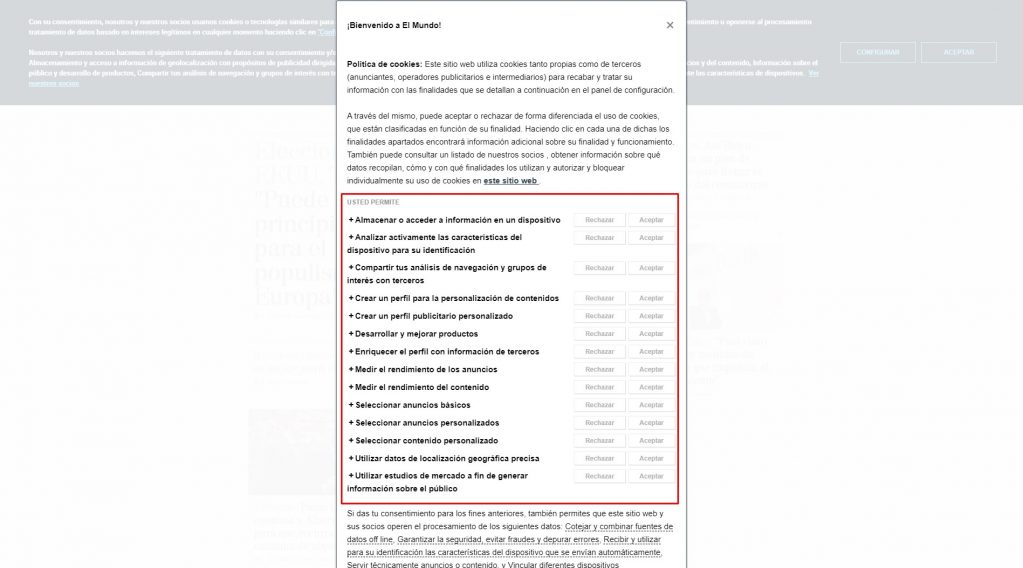 Panel de configuración de cookies en medios de comunicación