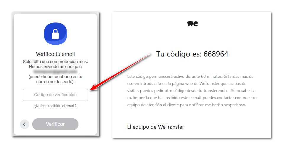 Wetransfer y código de verificación