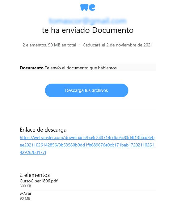 Recepción de archivos por WeTransfer