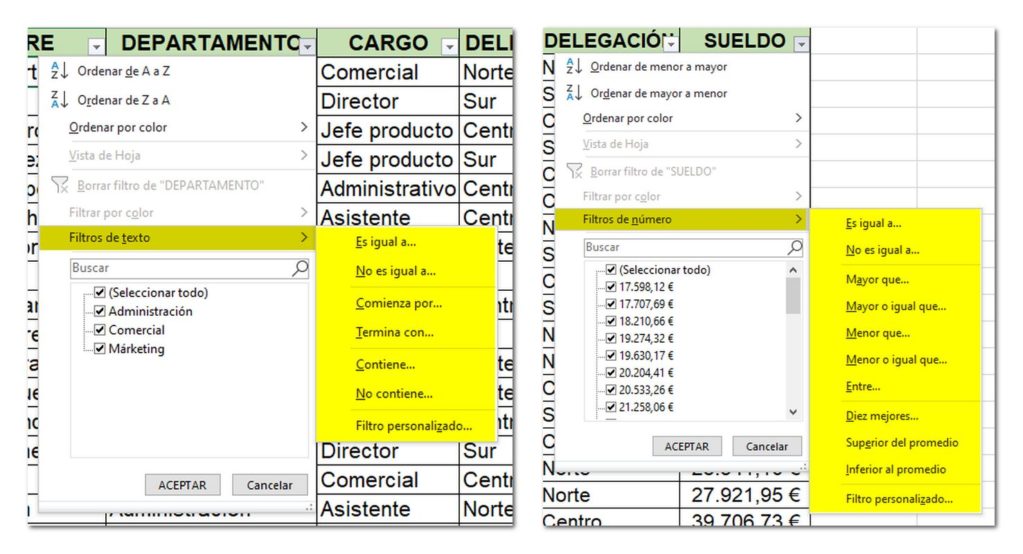 Opciones avanzadas para filtrar en Excel