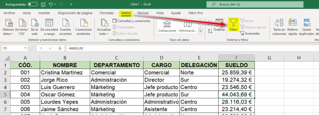 Paso 1 para filtrar datos en Excel