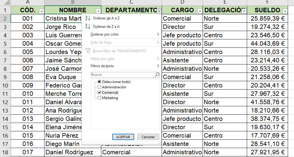 Paso 2 para filtrar datos en Excel