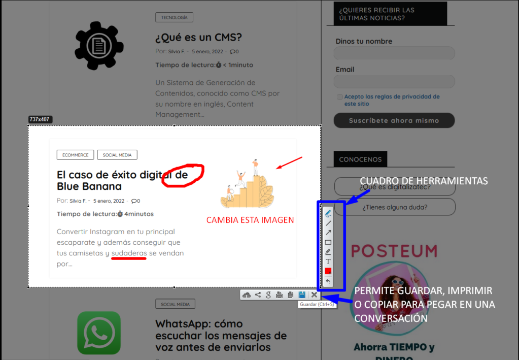 Funcionalidades para editar una captura de pantalla