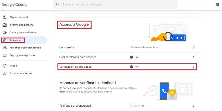 Activar verificación en dos pasos en Gmail