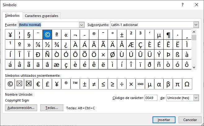 Colocar símbolos especiales en Word