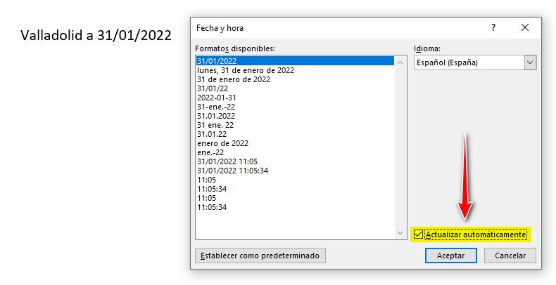 Formato de fecha y hora de Word